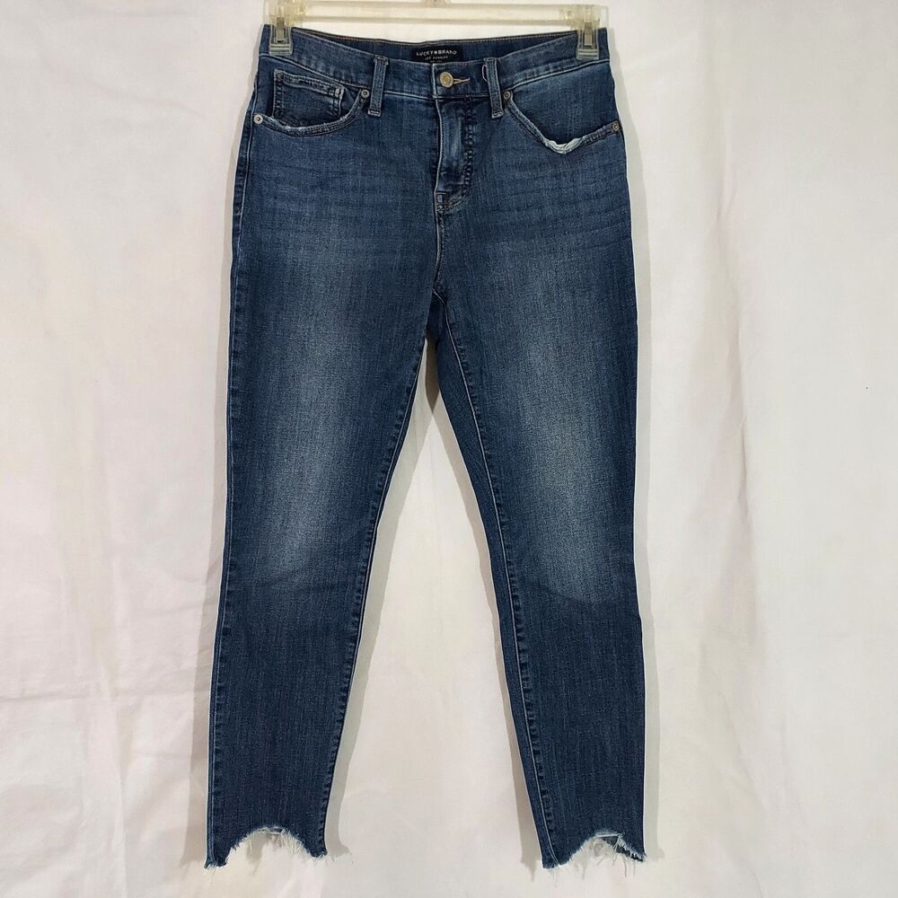 Lucky Brand Cropped Jeans Raw Shark Bite Hem 29x26 Stretch Blue Denim Med Wash
